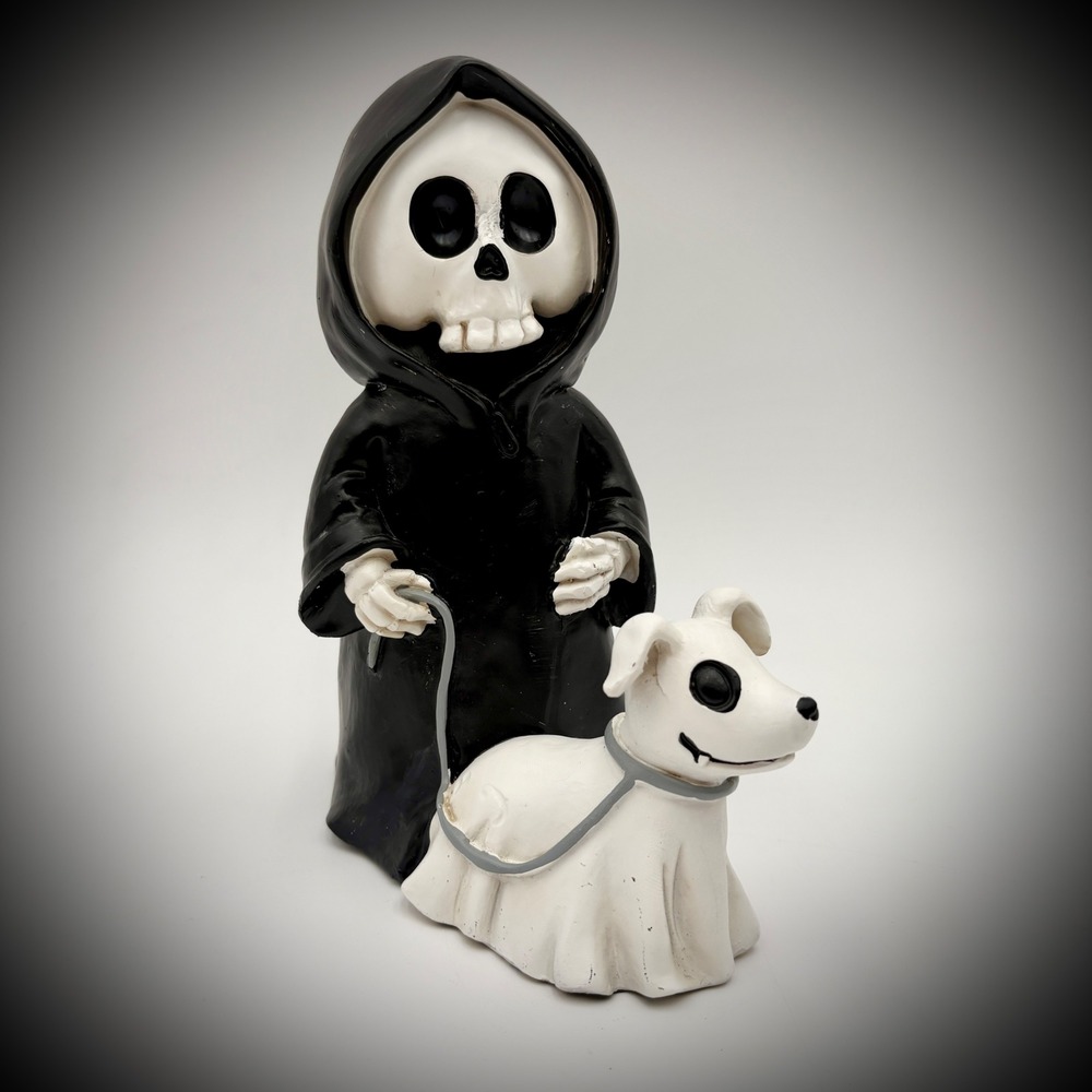 Grim Reaper Figurine with Ghost Dog Halloween Decor Spooky Cute